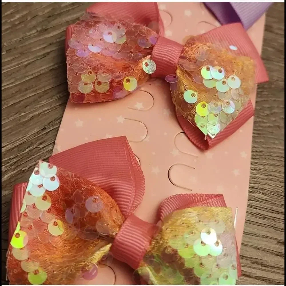 NWT Pink and Purple Ribbon Bow Sequin Girl Hair Clips Set of 4